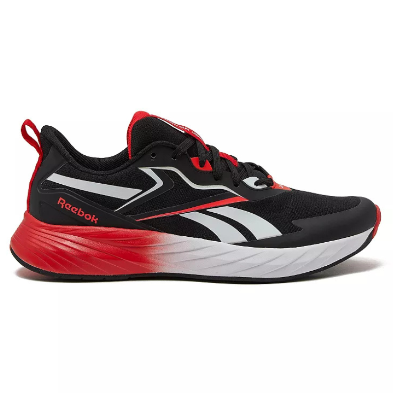 A black and red Reebok running shoe with a white and red gradient sole, featuring the Reebok logo on the side and a sleek, modern design.