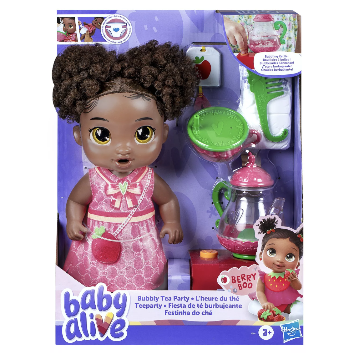 Baby Alive Bubbly Tea Party doll set includes a doll with a pink dress, a tea kettle, a comb, and a diaper. Suitable for ages 3 and up.