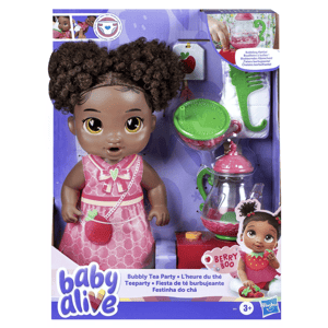 Baby Alive Bubbly Tea Party doll set includes a doll with a pink dress, a tea kettle, a comb, and a diaper. Suitable for ages 3 and up.