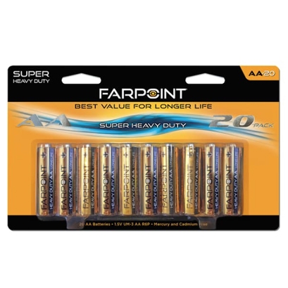 Farpoint AA 20-pack batteries, labeled as super heavy duty and designed for longer life, with a voltage of 1.5V each. Mercury and cadmium free.
