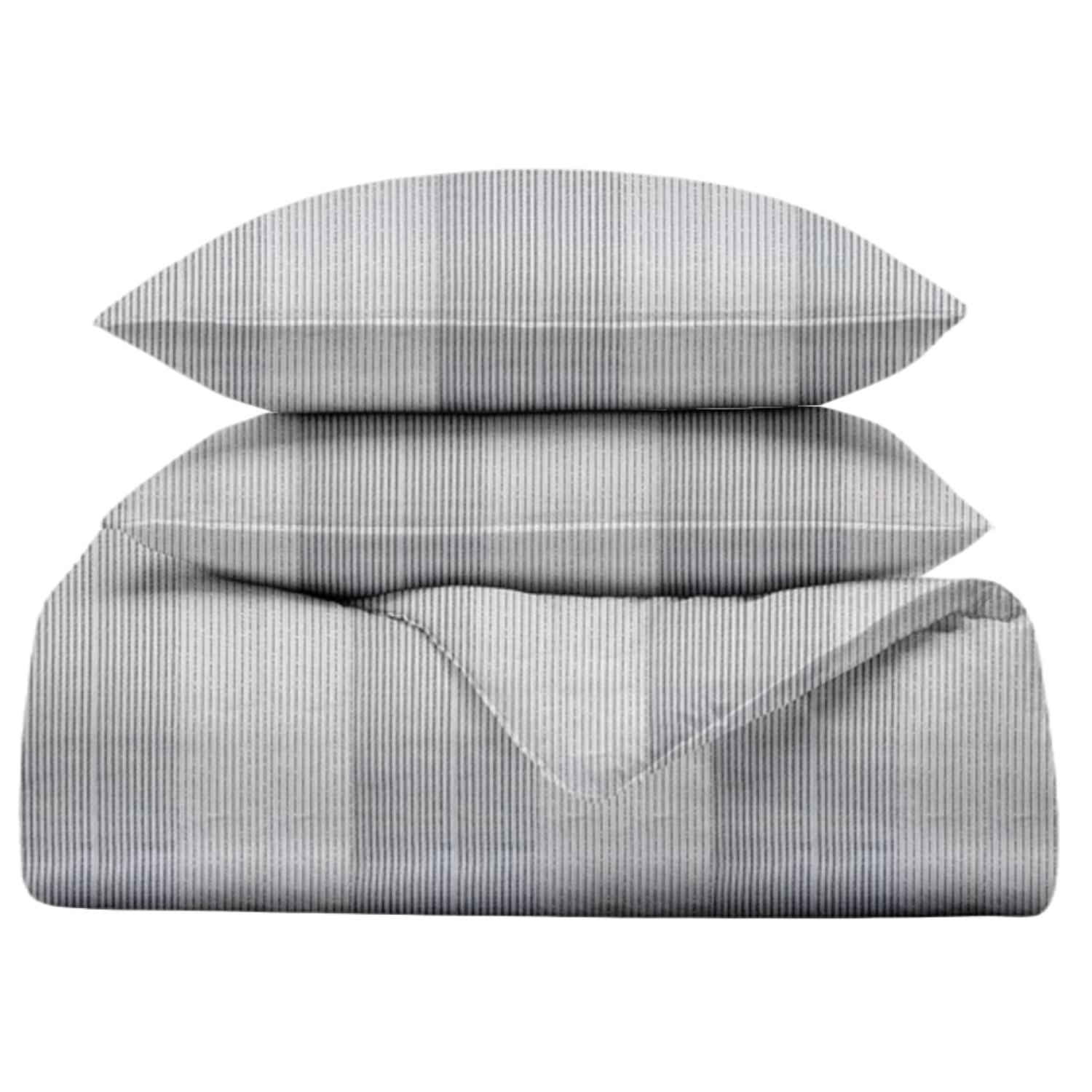 A set of striped, gray bedding consisting of a comforter and two pillows.