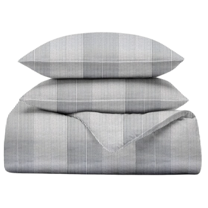 A set of striped, gray bedding consisting of a comforter and two pillows.