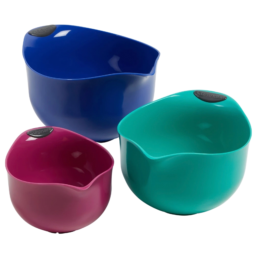 A set of three nested plastic mixing bowls in blue, teal, and magenta, each with a pouring spout and non-slip base.