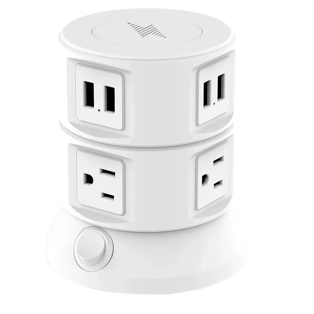 A white, cylindrical charging tower featuring multiple power outlets on all sides, a round power button on the base, and a top with ventilation slits, allowing rotation for easy access to outlets.