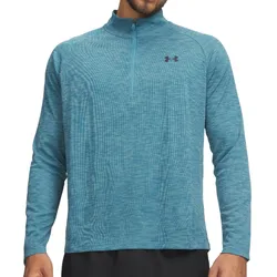 Blue long-sleeve athletic pullover with a quarter zip and a small logo on the chest.