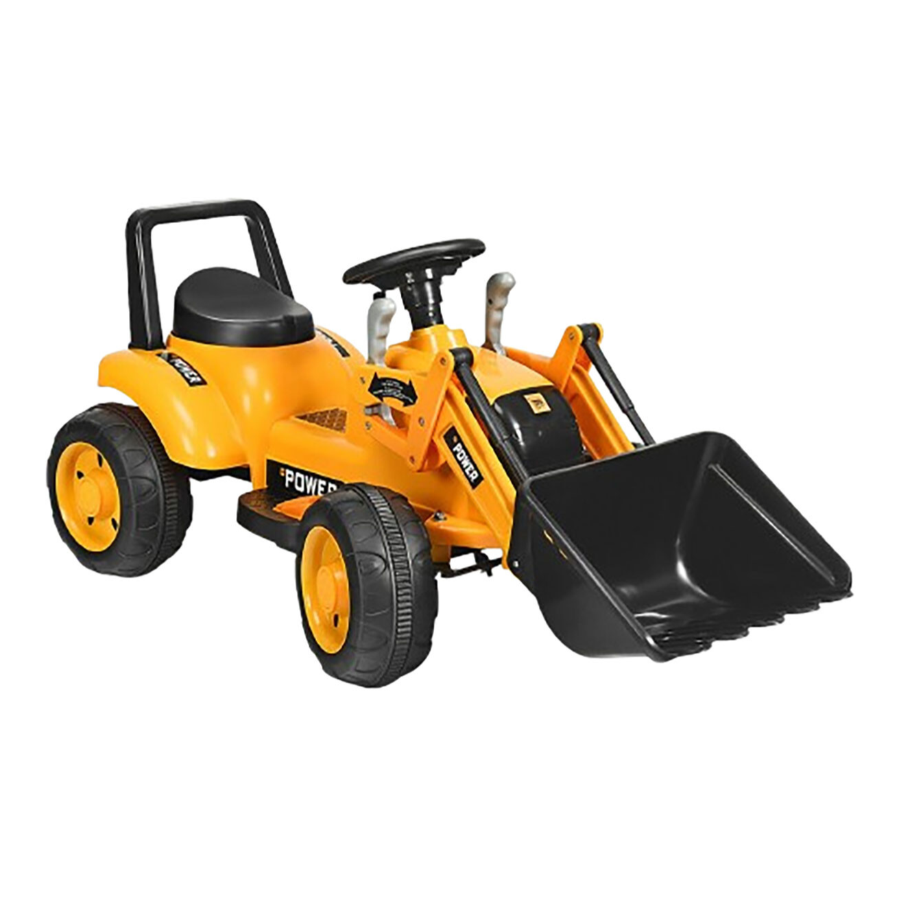 A yellow and black toy ride-on excavator with a steering wheel, seat, and operational front loader scoop, designed for children to pedal and maneuver.
