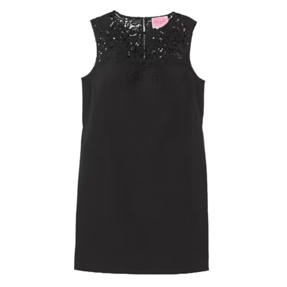 Sleeveless black dress with a lace overlay on the upper portion and a crew neckline.