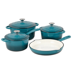 Teal enameled cast iron cookware set, including three covered Dutch ovens and one skillet.