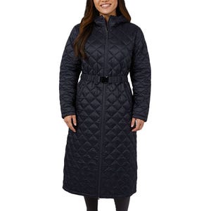 A long, quilted coat with a diamond pattern and belt, featuring a high collar and front zipper closure.