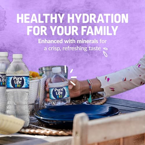 Bottles of Pure Life water are displayed on a table set for a meal, with the text emphasizing health benefits and mineral enhancement for a refreshing taste.