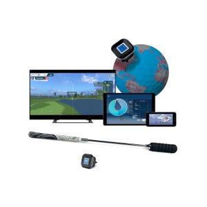 The Phigolf Home Golf Simulator features a swing stick with a sensor, a digital display showing golf simulation on TV, and data tracking on tablet and smartphone screens, allowing users to practice and simulate golf games virtually.