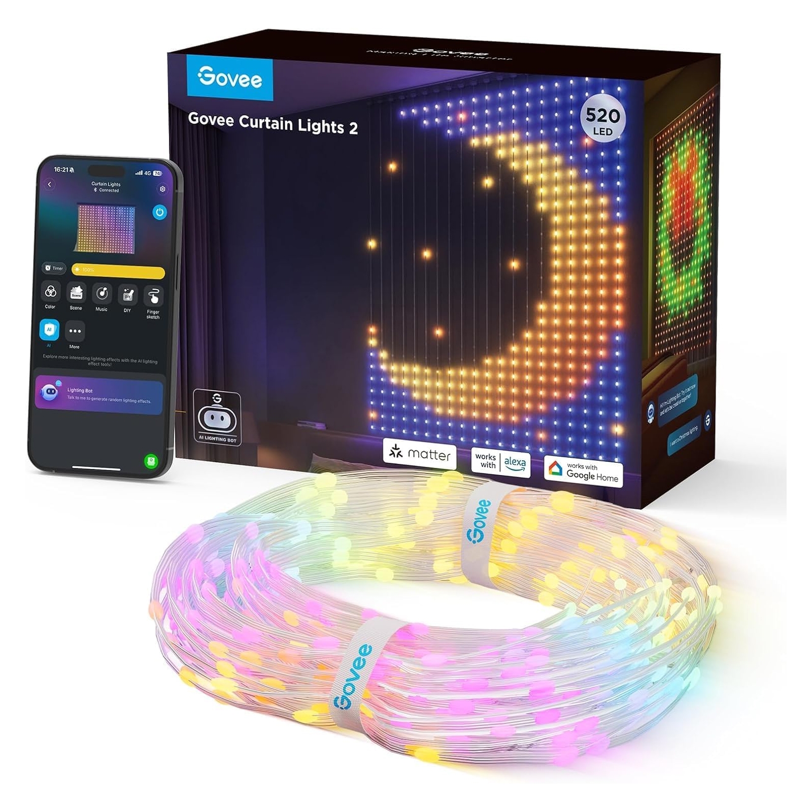 Govee Curtain Lights 2 features 520 LED lights with smart control via an app, compatible with Alexa and Google Home, showcasing customizable light patterns like a crescent moon.