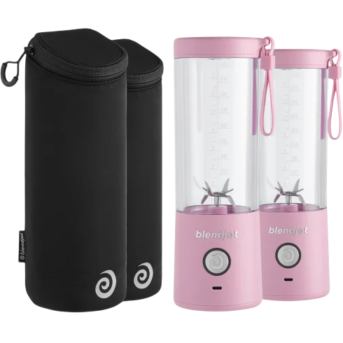 Two pink portable BlendJet blenders with matching wrist straps and two black protective carrying sleeves.