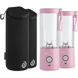 Two pink portable BlendJet blenders with matching wrist straps and two black protective carrying sleeves.