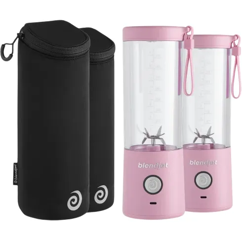 Two pink portable BlendJet blenders with matching wrist straps and two black protective carrying sleeves.