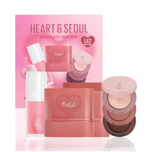 The Kaja Heart & Seoul set includes a trio of eye, cheek, and lip products: a Just a Tint lip stain, a Cheeky Stamp blendable blush, and a Bento Bouncy Shimmer Eyeshadow trio in versatile shades, priced at $42.