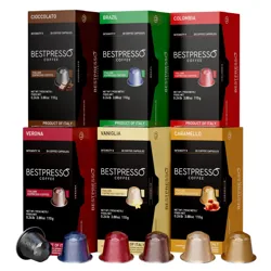 Bestpresso Coffee offers Italian espresso capsules in six varieties: Cioccolato, Brazil, Colombia, Verona, Vaniglia, and Caramello, each with 20 capsules of 3.88 oz/110g.