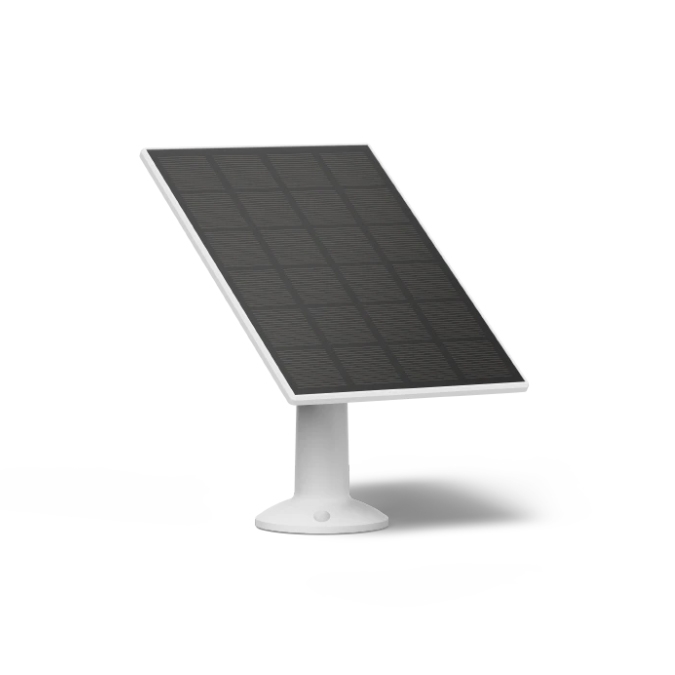 A solar panel with a rectangular design and a textured surface, mounted on a white stand for stability.