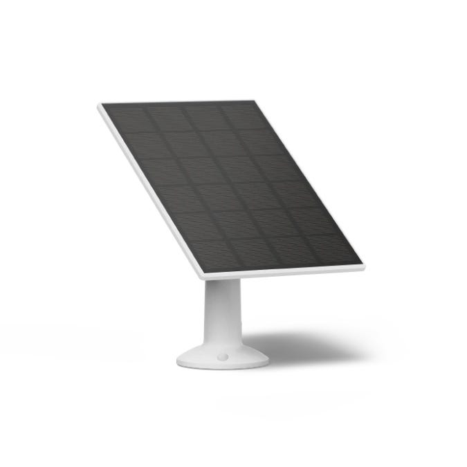 A solar panel with a rectangular design and a textured surface, mounted on a white stand for stability.