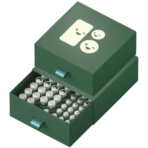 Green battery storage box with two drawers containing various sizes of batteries. The top shows positive and negative symbols in a playful design.