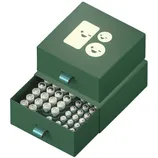 Green battery storage box with two drawers containing various sizes of batteries. The top shows positive and negative symbols in a playful design.