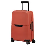 An orange hard-shell suitcase with four wheels and a telescopic handle, featuring a built-in combination lock on the side.