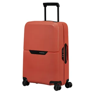 An orange hard-shell suitcase with four wheels and a telescopic handle, featuring a built-in combination lock on the side.