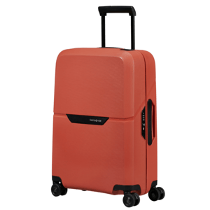 An orange hard-shell suitcase with four wheels and a telescopic handle, featuring a built-in combination lock on the side.
