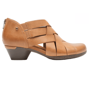 Rockport Woven Booties are tan, low-heeled shoes with crisscross leather straps and a rear zipper for easy access. They feature a solid heel with a comfortable, casual design.