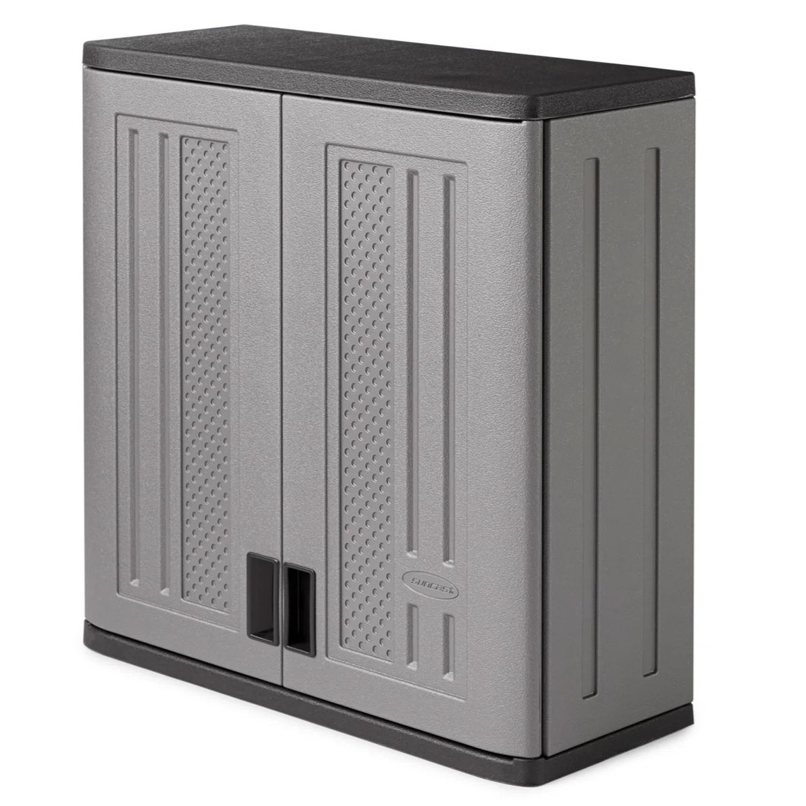 A gray storage cabinet with a black top, featuring double doors and a textured panel design.