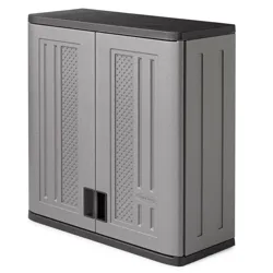 A gray storage cabinet with a black top, featuring double doors and a textured panel design.