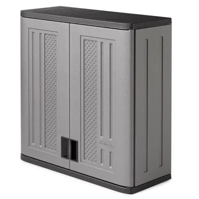 A gray storage cabinet with a black top, featuring double doors and a textured panel design.