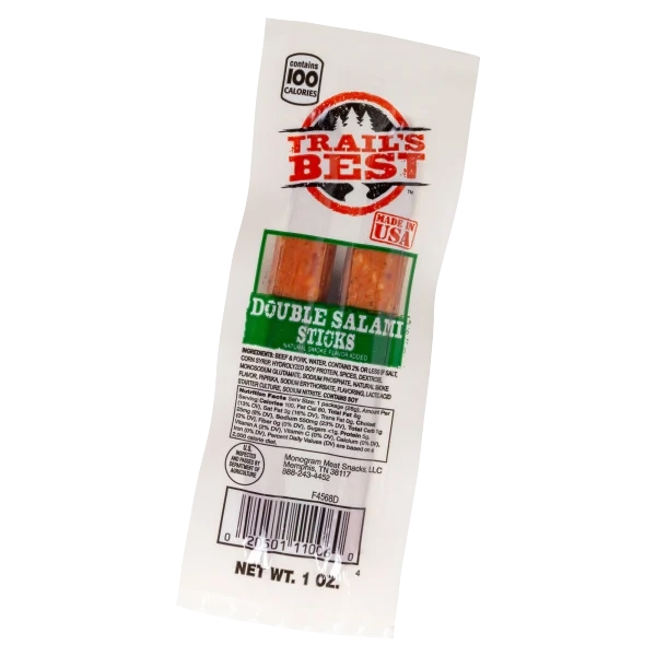 Trail's Best Double Salami Sticks package, a meat snack made in the USA.