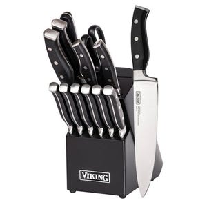 The 14-piece Viking Cutlery Block Set includes a variety of knives with black handles and stainless steel blades, neatly organized in a sleek black block with the Viking logo.