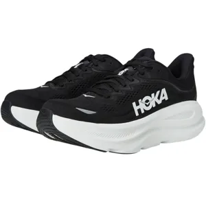 Black and white Hoka running shoes featuring a thick cushioned sole, mesh upper for breathability, and a logo on the side.