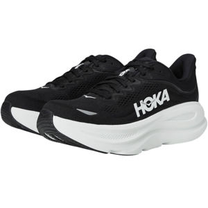 Black and white Hoka running shoes featuring a thick cushioned sole, mesh upper for breathability, and a logo on the side.