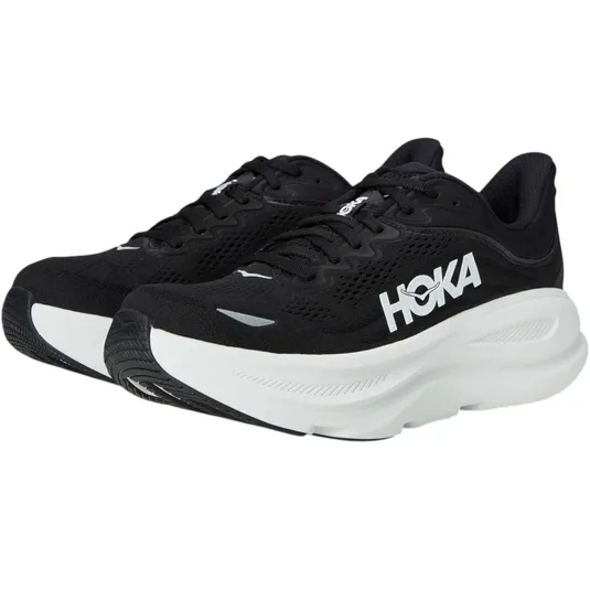 Black and white Hoka running shoes featuring a thick cushioned sole, mesh upper for breathability, and a logo on the side.