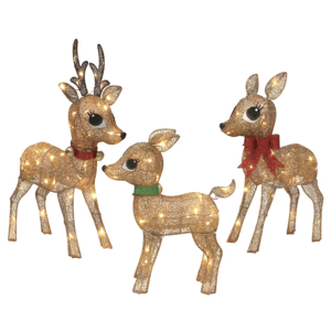 Three illuminated reindeer figures with golden bodies and sparkling lights; one with antlers, wearing a red collar, another with a green collar, and a third with a red bow.