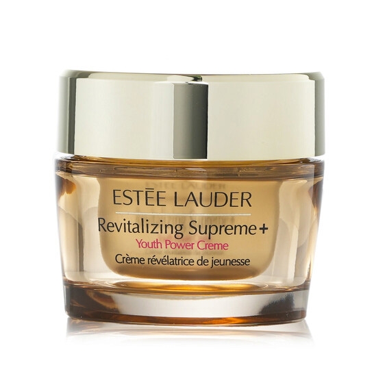 Estée Lauder Revitalizing Supreme+ Youth Power Creme is an anti-aging face cream designed to enhance skin's firmness and elasticity. It comes in a gold-capped jar and includes text in both English and French.