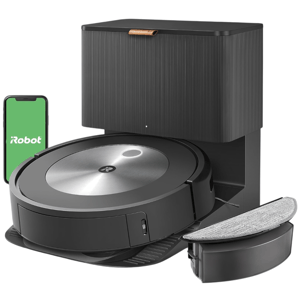 A robot vacuum with a self-emptying base, floor cleaning pad, and mobile app connectivity for remote operation from iRobot.