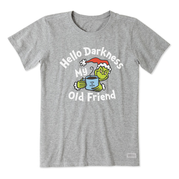 A gray t-shirt with a graphic of the Grinch holding a coffee cup, and the words \“Hello Darkness My Old Friend\“ above.