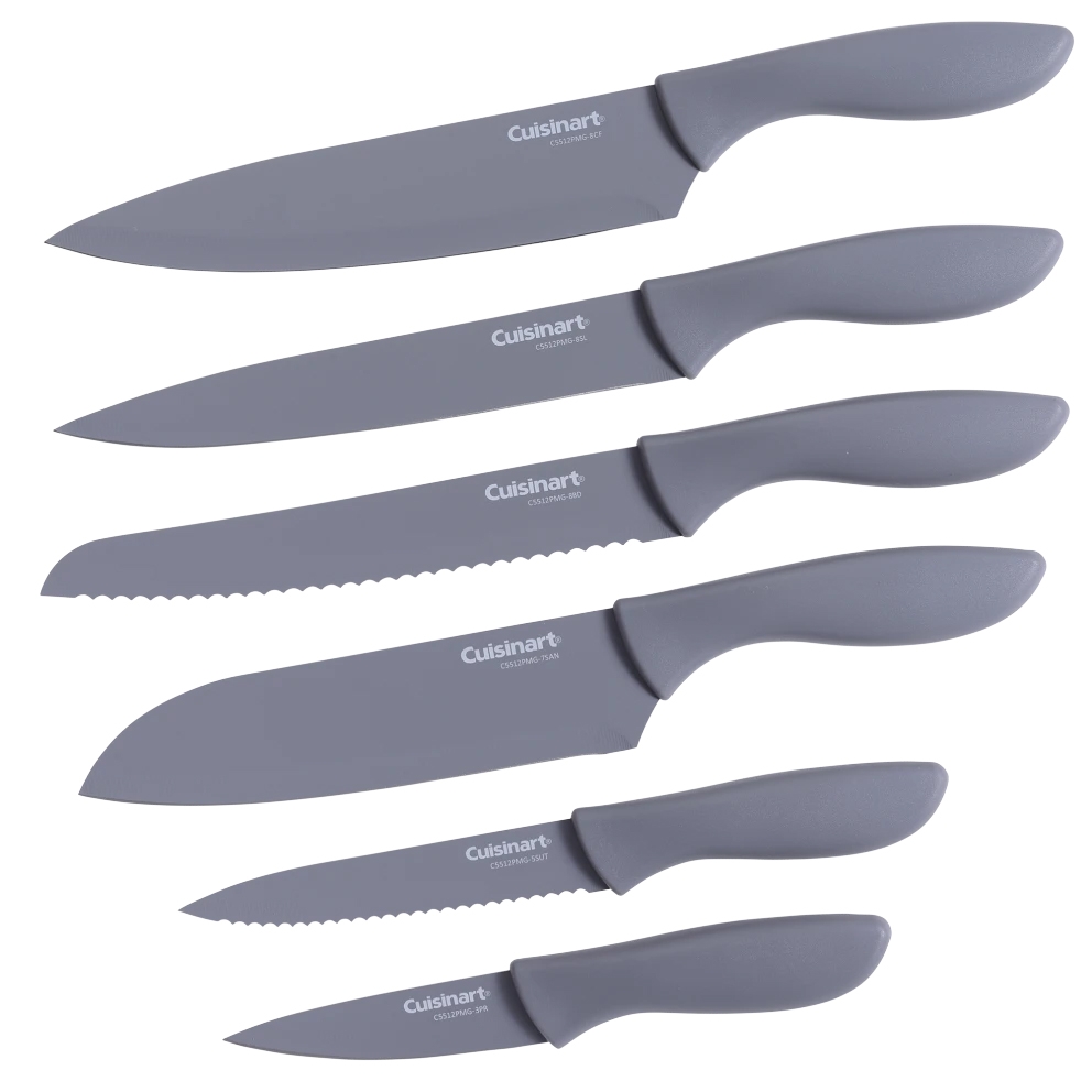 A 12pc Cuisinart Knife Set in gray features six knives with matching covers: a chef knife, slicing knife, bread knife, Santoku knife, utility knife, and paring knife, each with ergonomic handles and sleek design.