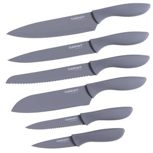 A 12pc Cuisinart Knife Set in gray features six knives with matching covers: a chef knife, slicing knife, bread knife, Santoku knife, utility knife, and paring knife, each with ergonomic handles and sleek design.