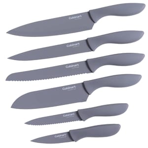 A 12pc Cuisinart Knife Set in gray features six knives with matching covers: a chef knife, slicing knife, bread knife, Santoku knife, utility knife, and paring knife, each with ergonomic handles and sleek design.