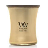 WoodWick candle in Sparkling Pomelo scent with a gold-colored glass container and wooden lid.