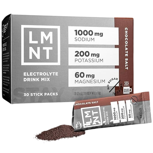 LMNT Chocolate Salt Electrolyte Drink Mix comes in a 30-stick pack, each containing 1000 mg sodium, 200 mg potassium, and 60 mg magnesium, with no sugar.