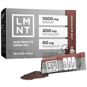 LMNT Chocolate Salt Electrolyte Drink Mix comes in a 30-stick pack, each containing 1000 mg sodium, 200 mg potassium, and 60 mg magnesium, with no sugar.