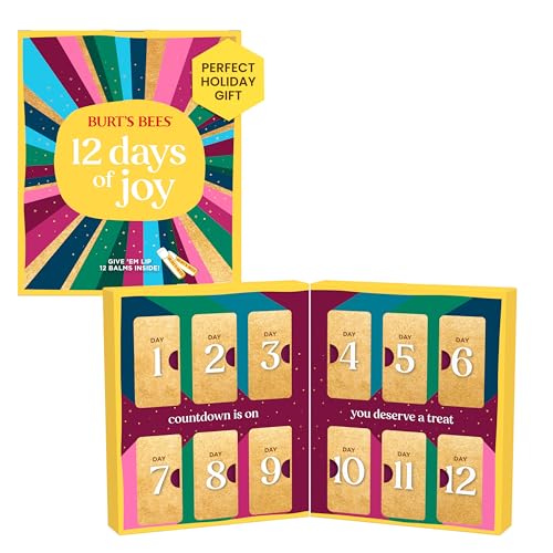 The Burt's Bees 12 Days of Joy advent calendar features a colorful exterior and 12 numbered compartments, each containing a different skincare item.
