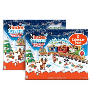 Two Kinder Chocolate Countdown Calendars featuring festive designs with a train, reindeer, snowman, and gifts; each calendar contains 24 windows filled with milk chocolate, in a 2-pack.