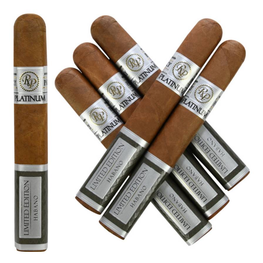 A collection of six cigars with silver and white bands labeled 'Platinum Limited Edition Habano.'